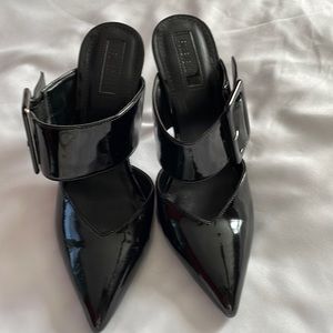 Forever 21 black patent leather stilleto mules with buckle